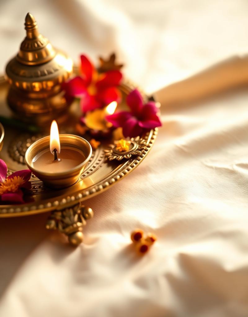 Brass pooja thali with diyas and flowers