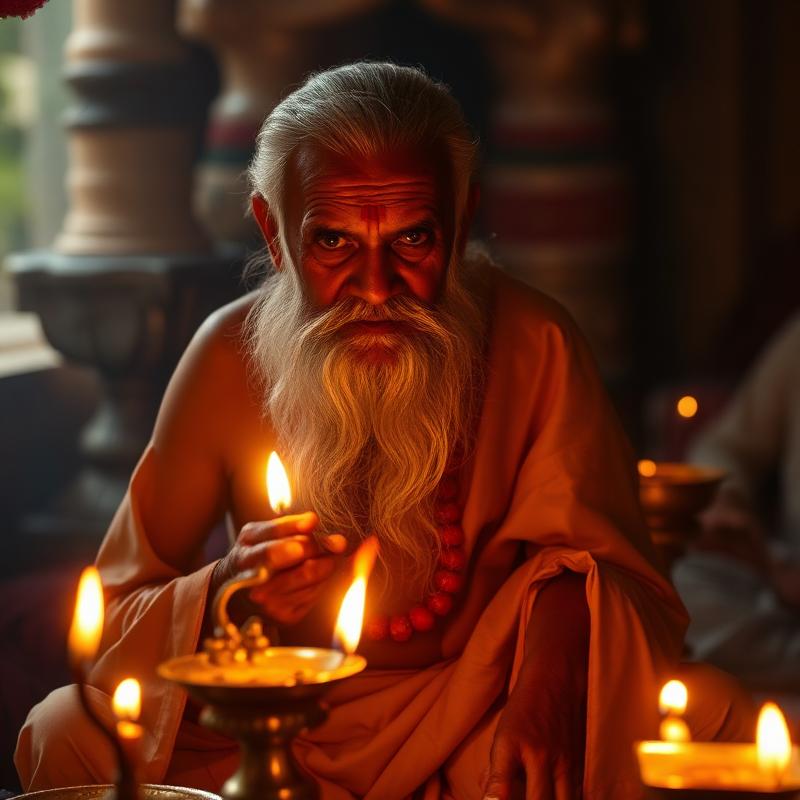 Elderly priest performing aarti