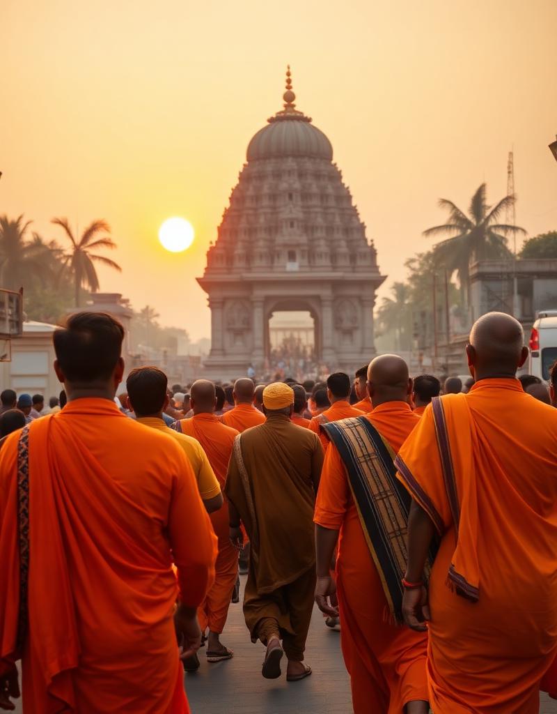 Pilgrims walking towards a temple at sunrise