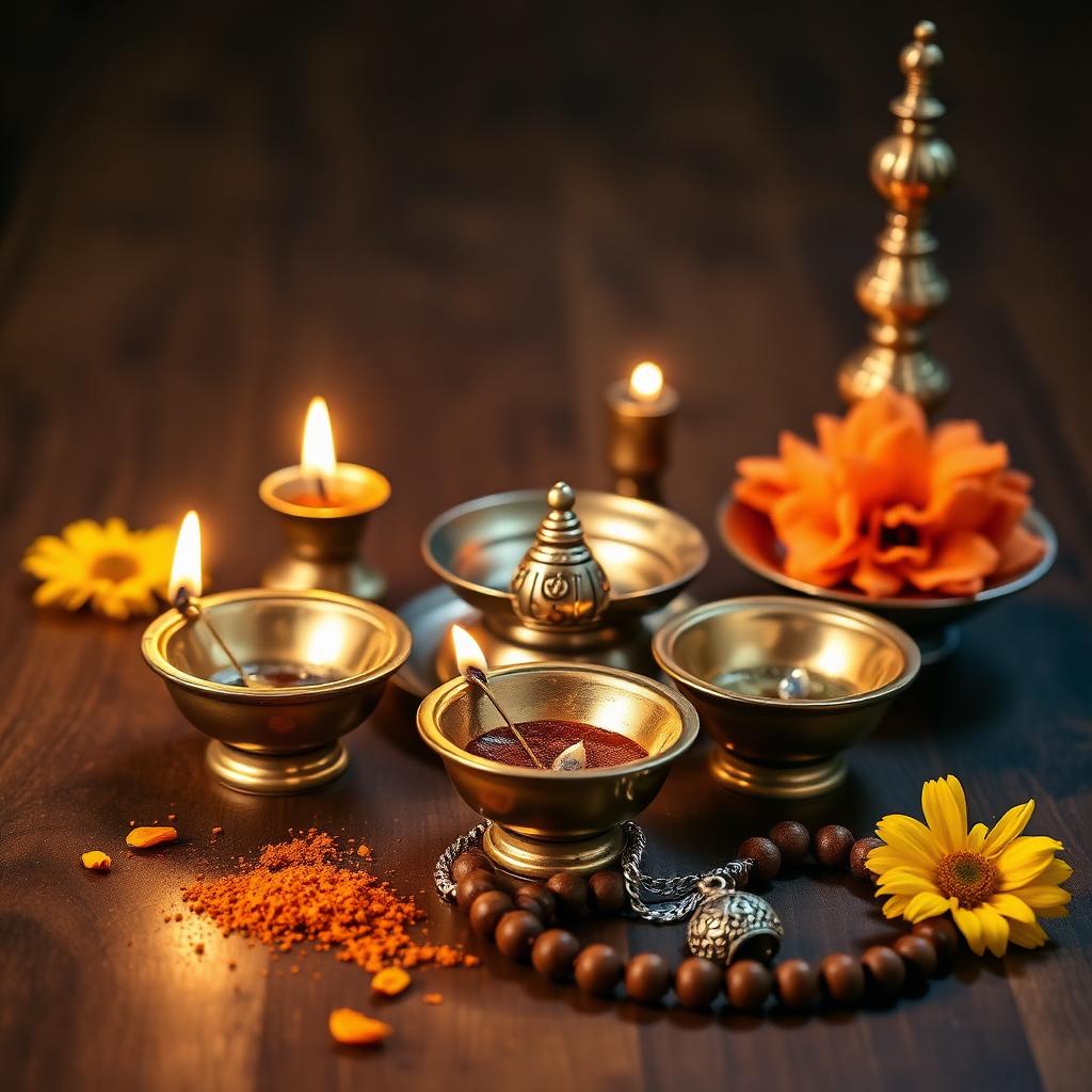 Traditional Indian pooja articles — brass diyas, kumkum, rudraksha mala and silver kalash